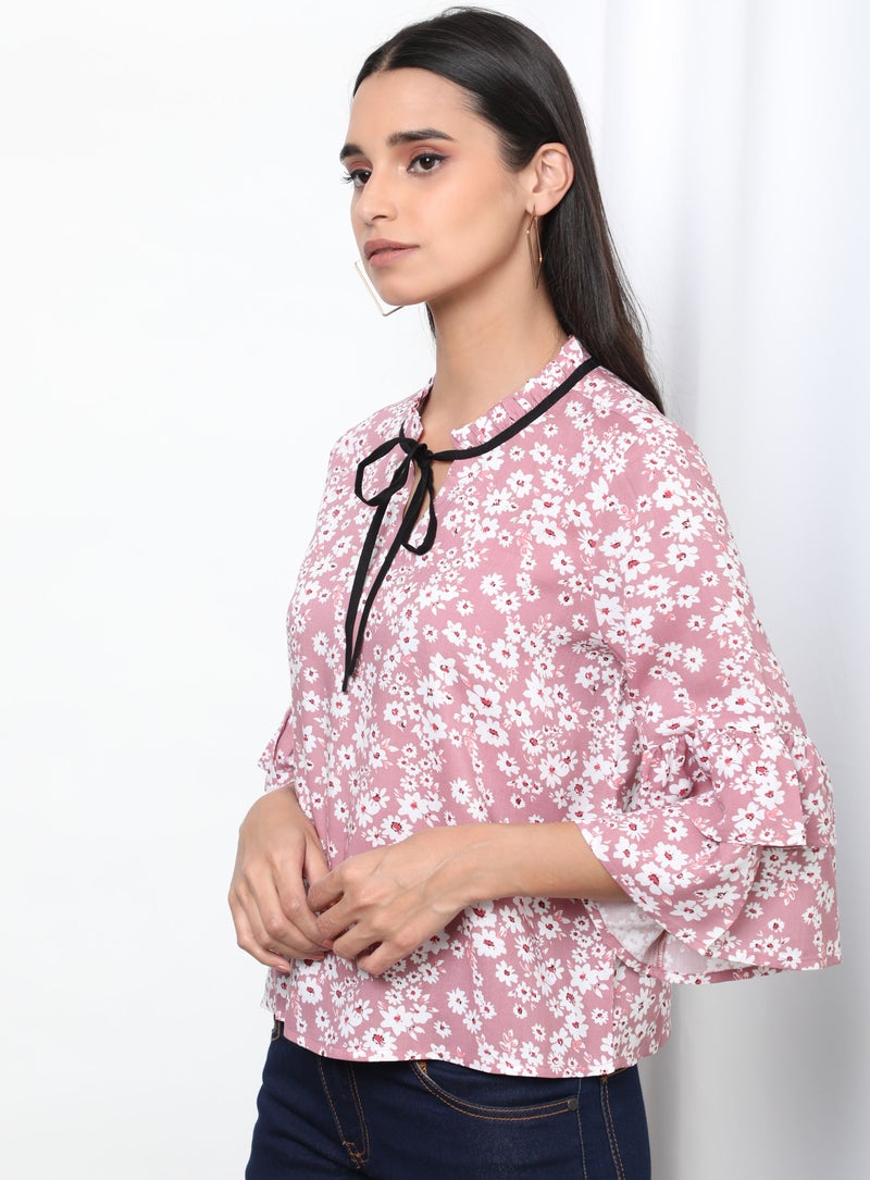 Aila Floral Pattern Turtle Neck Blouse Top Pink Aop  - Image 3