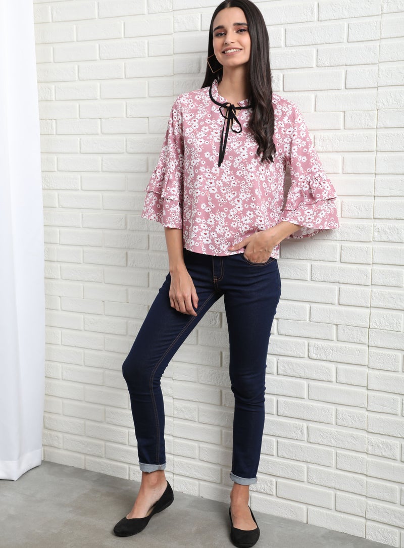 Aila Floral Pattern Turtle Neck Blouse Top Pink Aop  - Image 5