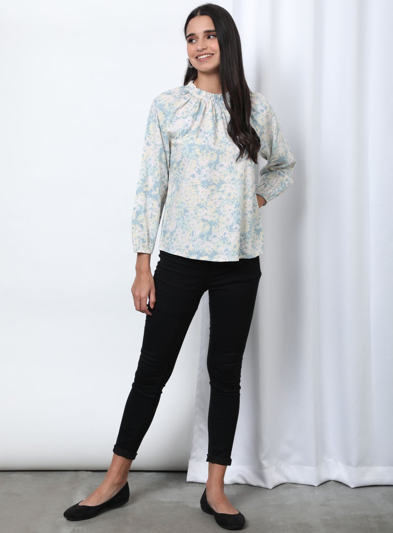 Aila Floral Pattern Frill Turtle Neck Blouse Top Light Green Aop  - Image 5