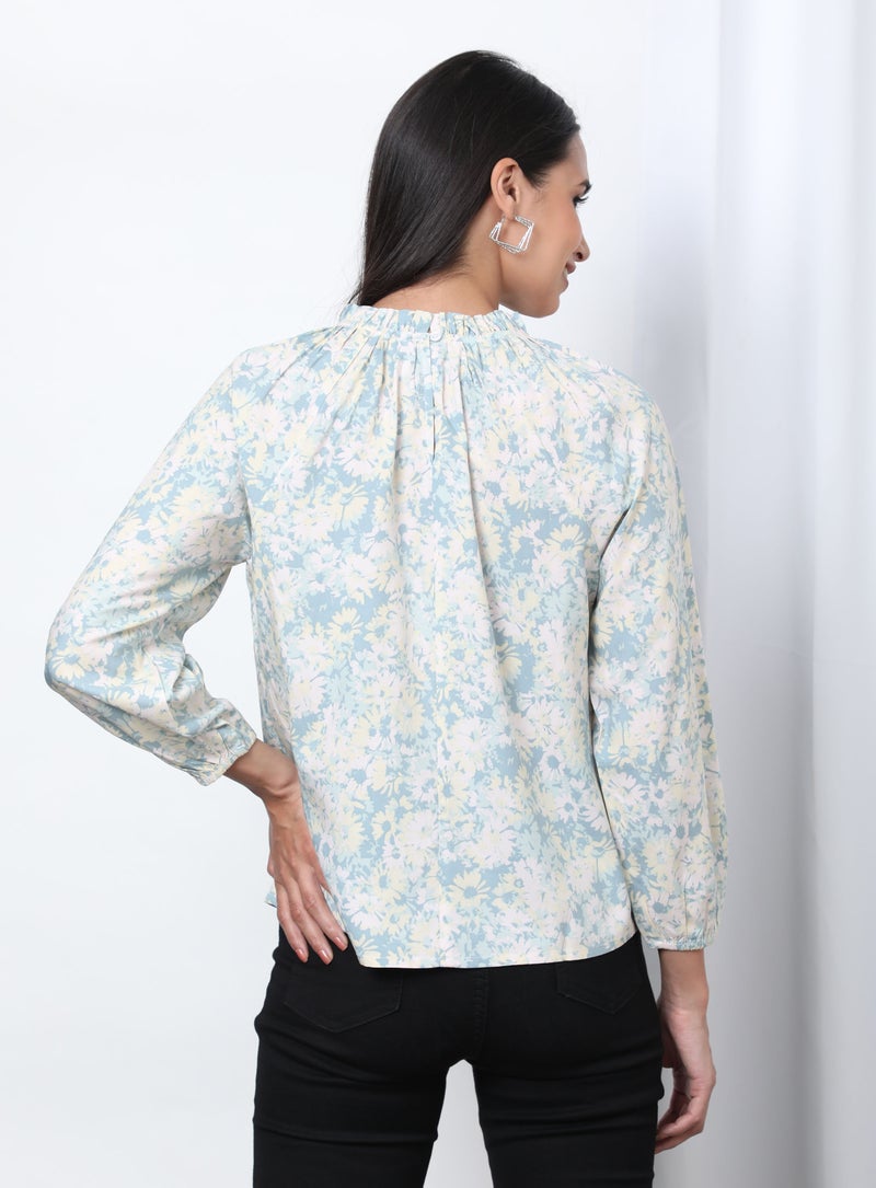 Aila Floral Pattern Frill Turtle Neck Blouse Top Light Green Aop  - Image 2