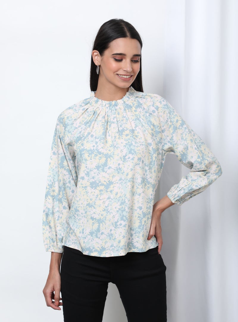 Aila Floral Pattern Frill Turtle Neck Blouse Top Light Green Aop  - Image 1