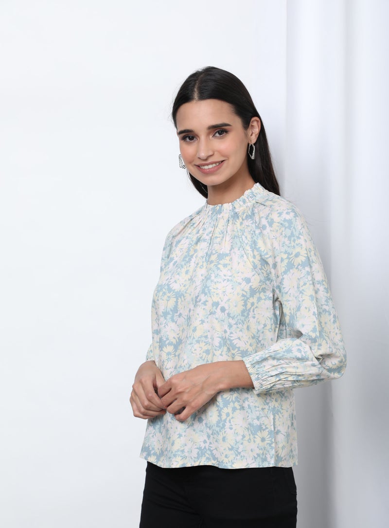 Aila Floral Pattern Frill Turtle Neck Blouse Top Light Green Aop  - Image 3