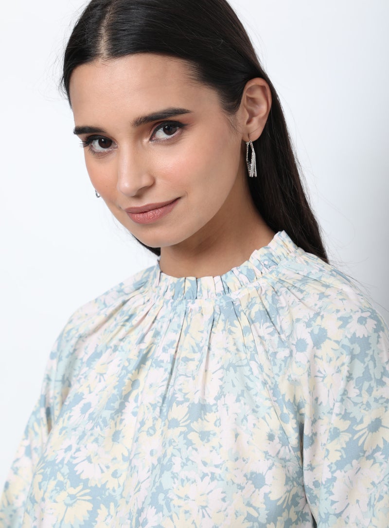 Aila Floral Pattern Frill Turtle Neck Blouse Top Light Green Aop  - Image 4
