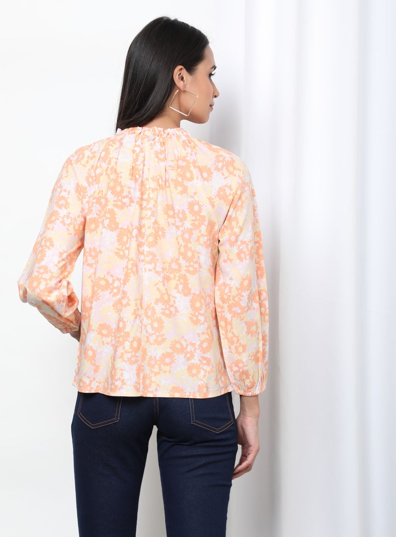 Aila Floral Pattern Frill Turtle Neck Blouse Top Peach Aop  - Image 2