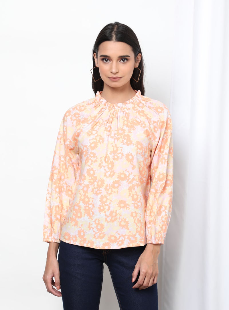 Aila Floral Pattern Frill Turtle Neck Blouse Top Peach Aop  - Image 1