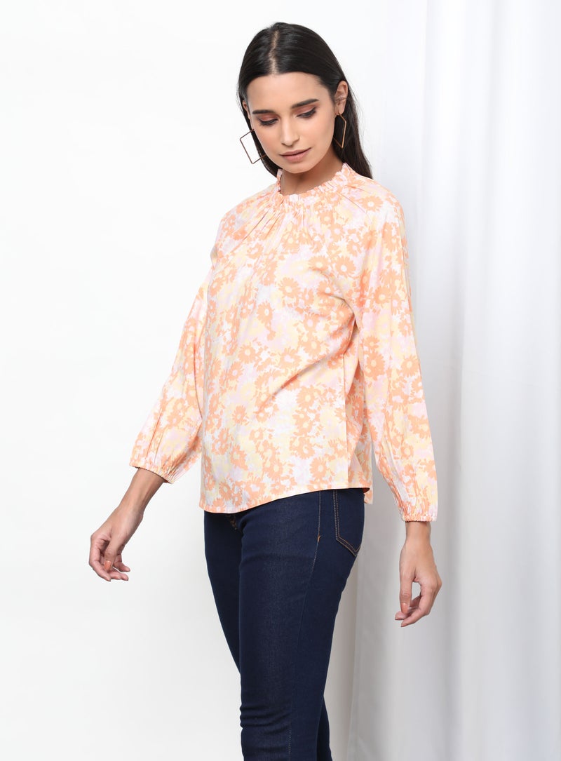 Aila Floral Pattern Frill Turtle Neck Blouse Top Peach Aop  - Image 3