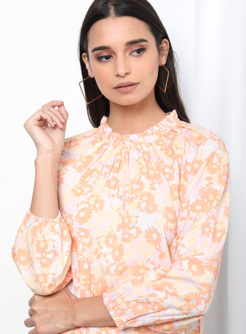 Aila Floral Pattern Frill Turtle Neck Blouse Top Peach Aop  - Image 4