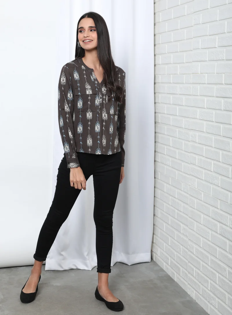 Aila Printed Notch Neck Blouse Top Brown Aop