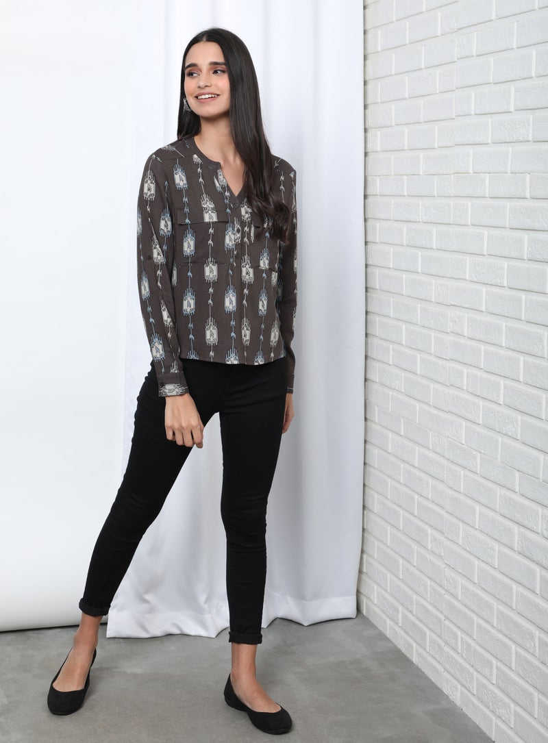 Aila - Printed Notch Neck Blouse Top Brown Aop - Image 1