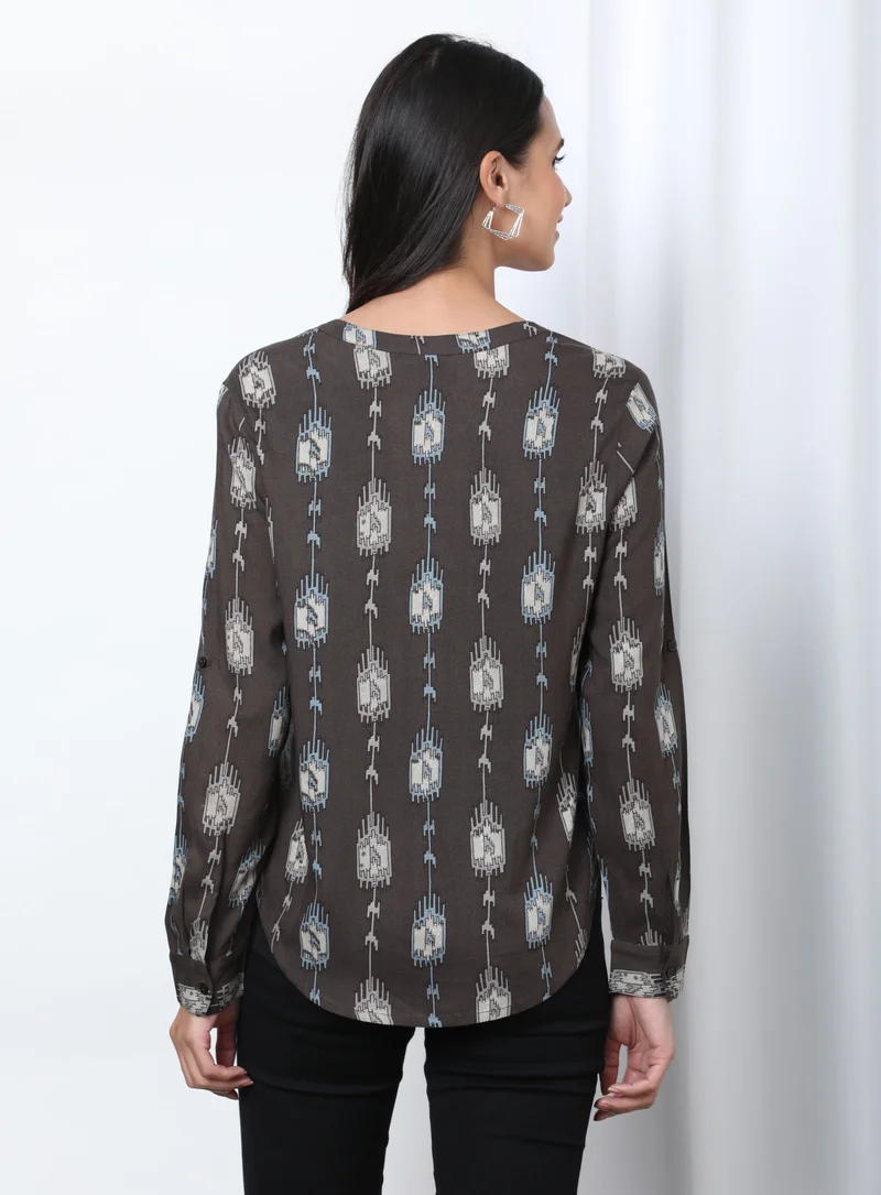 Aila Printed Notch Neck Blouse Top