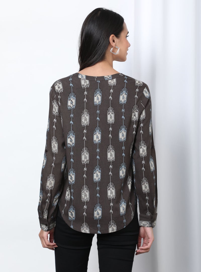 Aila - Printed Notch Neck Blouse Top Brown Aop - Image 1