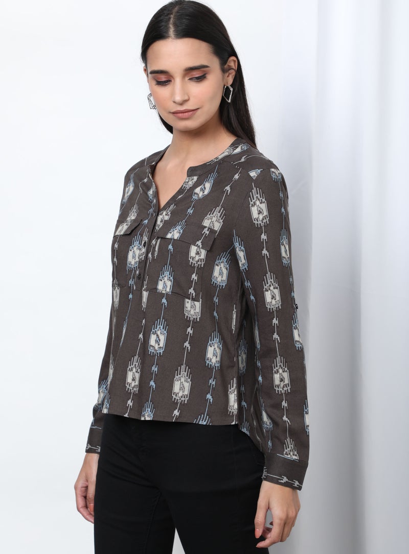 Aila - Printed Notch Neck Blouse Top Brown Aop - Image 1