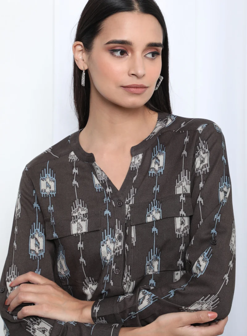 Aila Printed Notch Neck Blouse Top Brown Aop