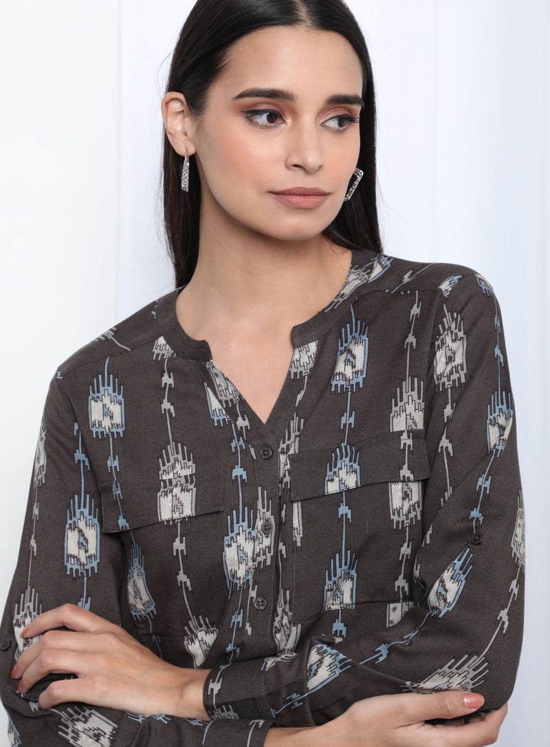 Aila - Printed Notch Neck Blouse Top Brown Aop - Image 1