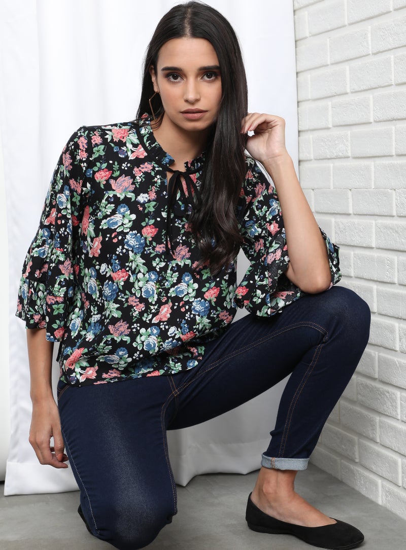 Aila Printed Keyhole Neck Blouse Top Black Aop  - Image 4