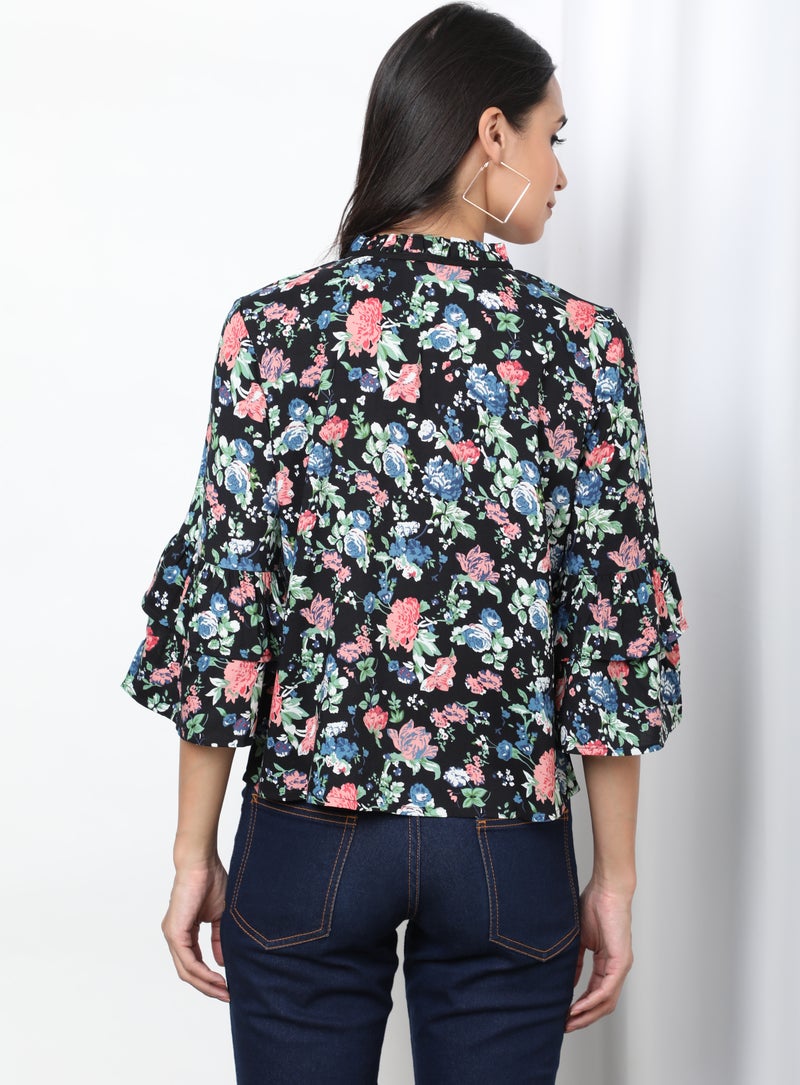 Aila Printed Keyhole Neck Blouse Top Black Aop  - Image 2
