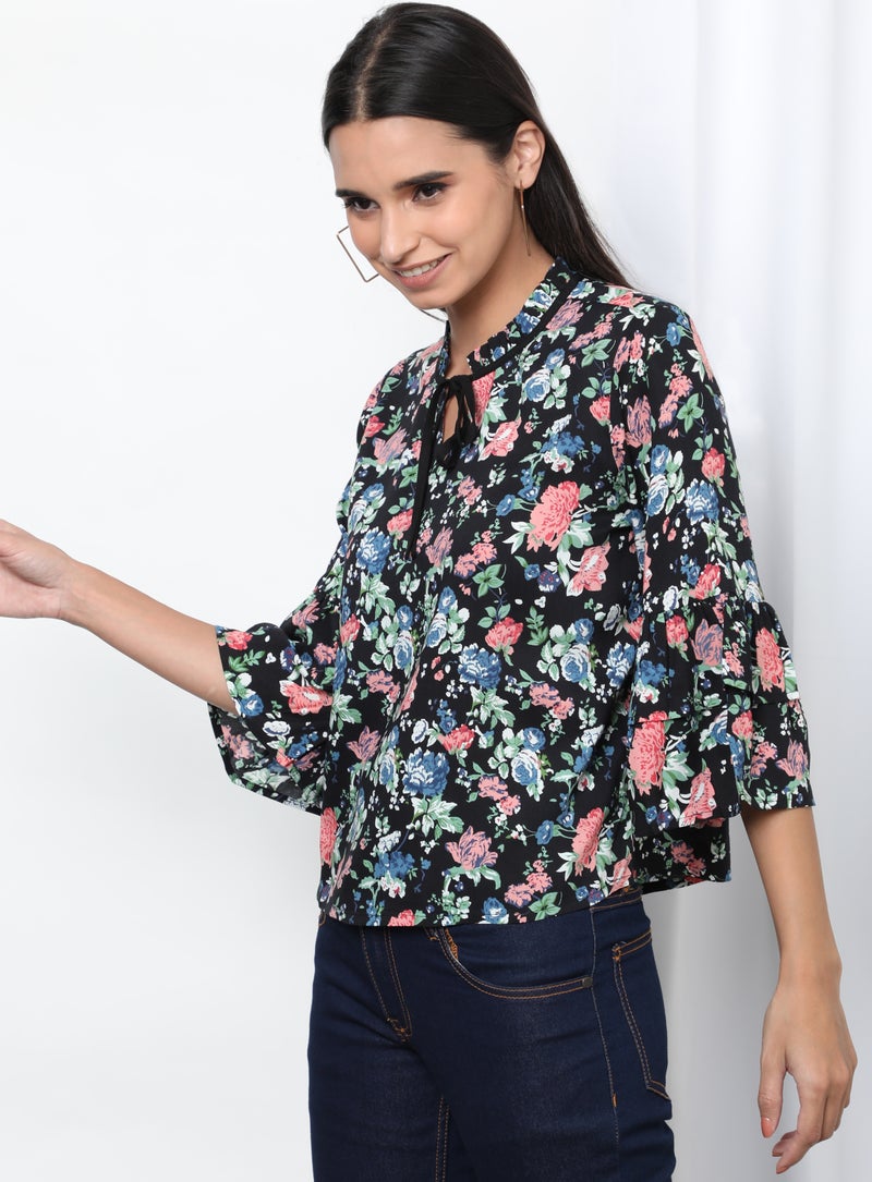 Aila Printed Keyhole Neck Blouse Top Black Aop  - Image 3