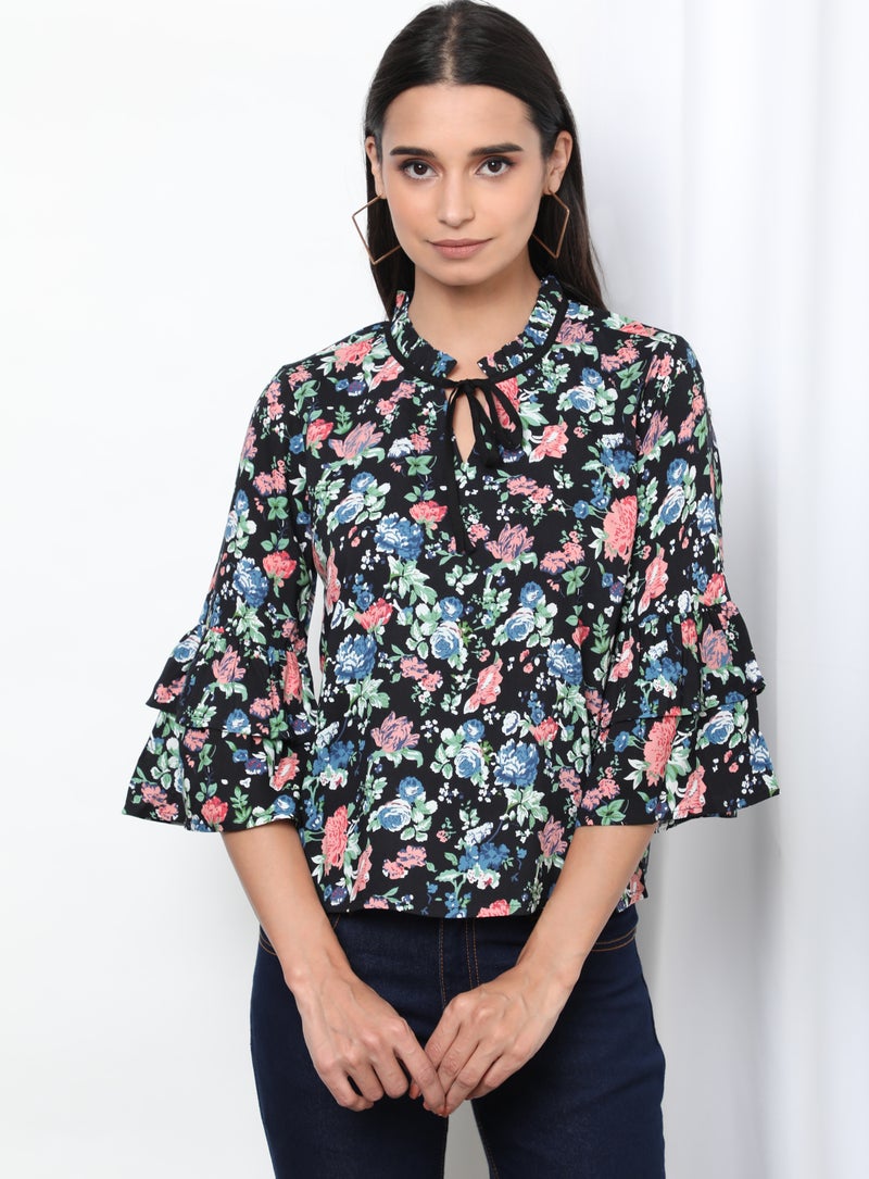 Aila Printed Keyhole Neck Blouse Top Black Aop  - Image 1