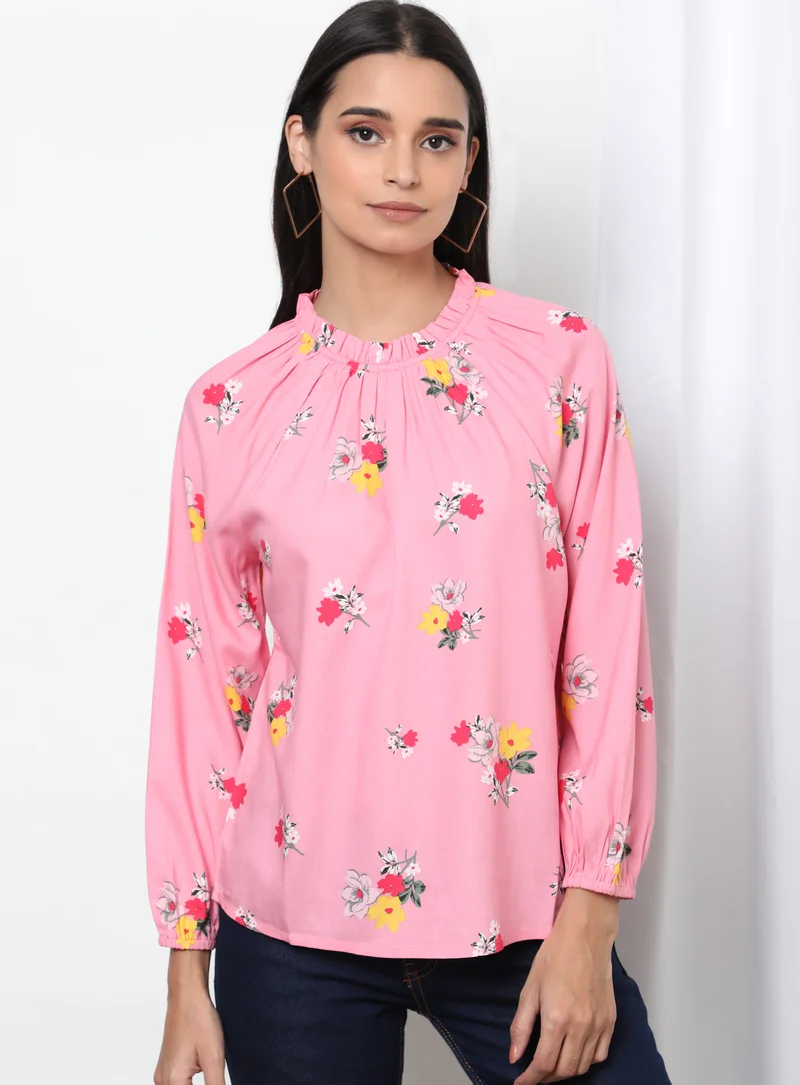 Aila Printed Crew Neck Blouse Top