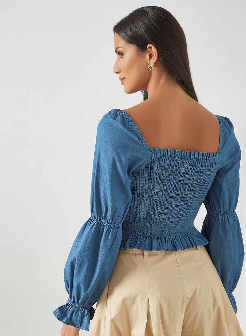 PIECES - Smocked Long Sleeve Blouse Medium Blue - Image 1