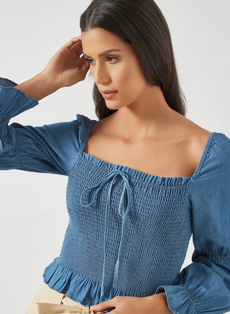 PIECES - Smocked Long Sleeve Blouse Medium Blue - Image 1