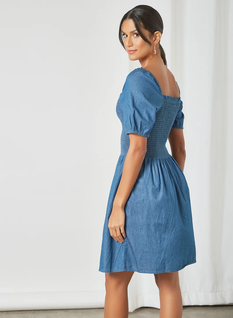 PIECES Smocked Denim Dress