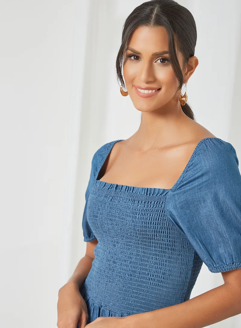 PIECES Denim Smocked Bodice Dress Medium Blue