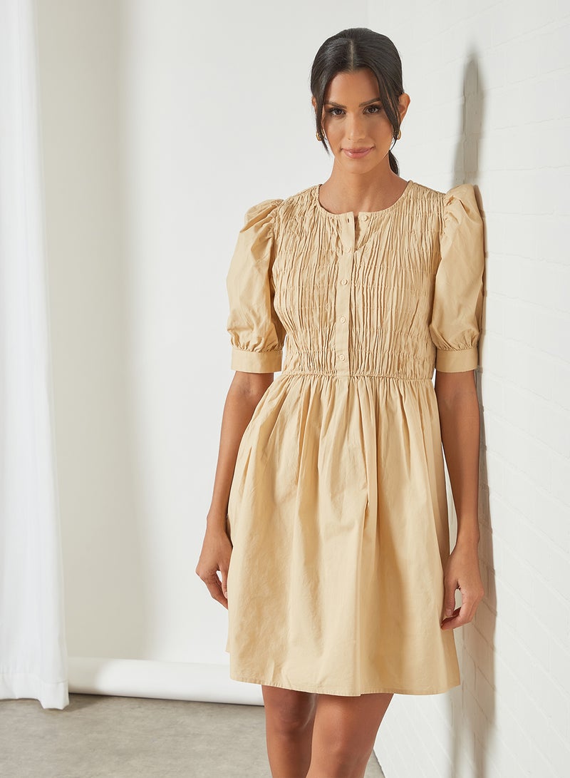 PIECES - Smocked Mini Dress Almond Buff - Image 1