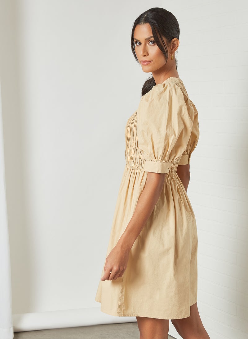 PIECES - Smocked Mini Dress Almond Buff - Image 1