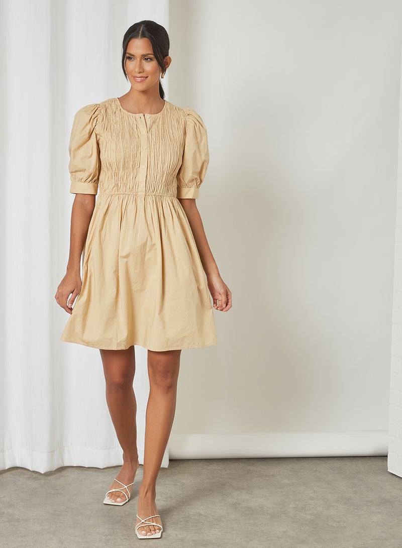 PIECES - Smocked Mini Dress Almond Buff - Image 1