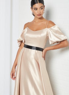 Si FASHION GALERIE Contrast Belted Dress Gold  - Image 2