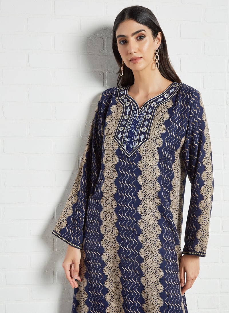 Printed Stylish Jalabiya Blue/Beige - v1619523499/N44787687V_1