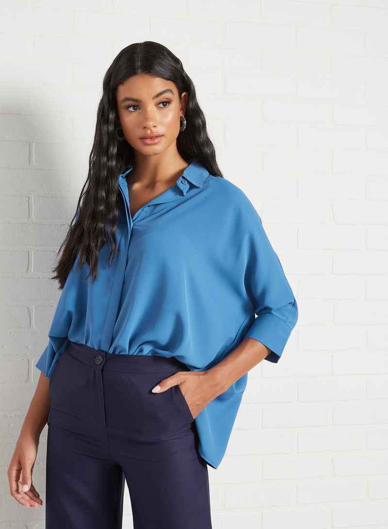 trendyol Asymmetrical Hem Shirt Indigo  - Image 1