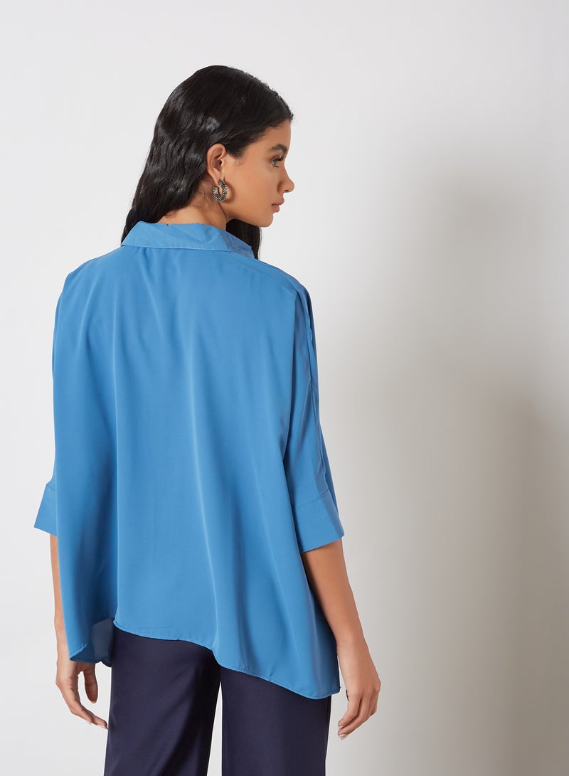trendyol Asymmetrical Hem Shirt Indigo  - Image 3