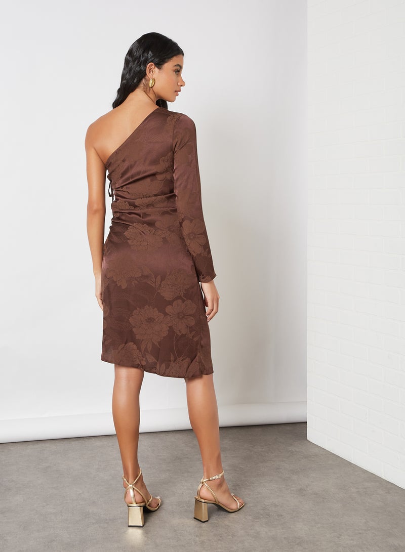 trendyol - Floral Jacquard One Sleeve Dress Brown - Image 1