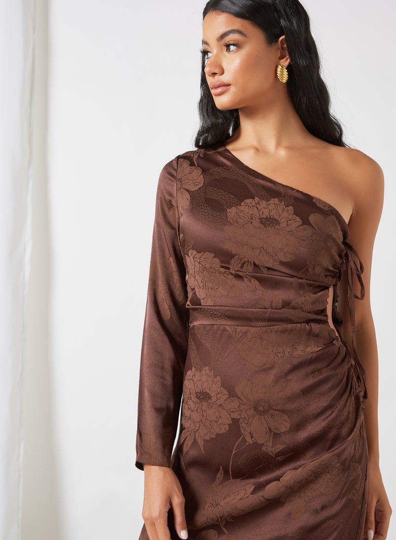 trendyol - Floral Jacquard One Sleeve Dress Brown - Image 1