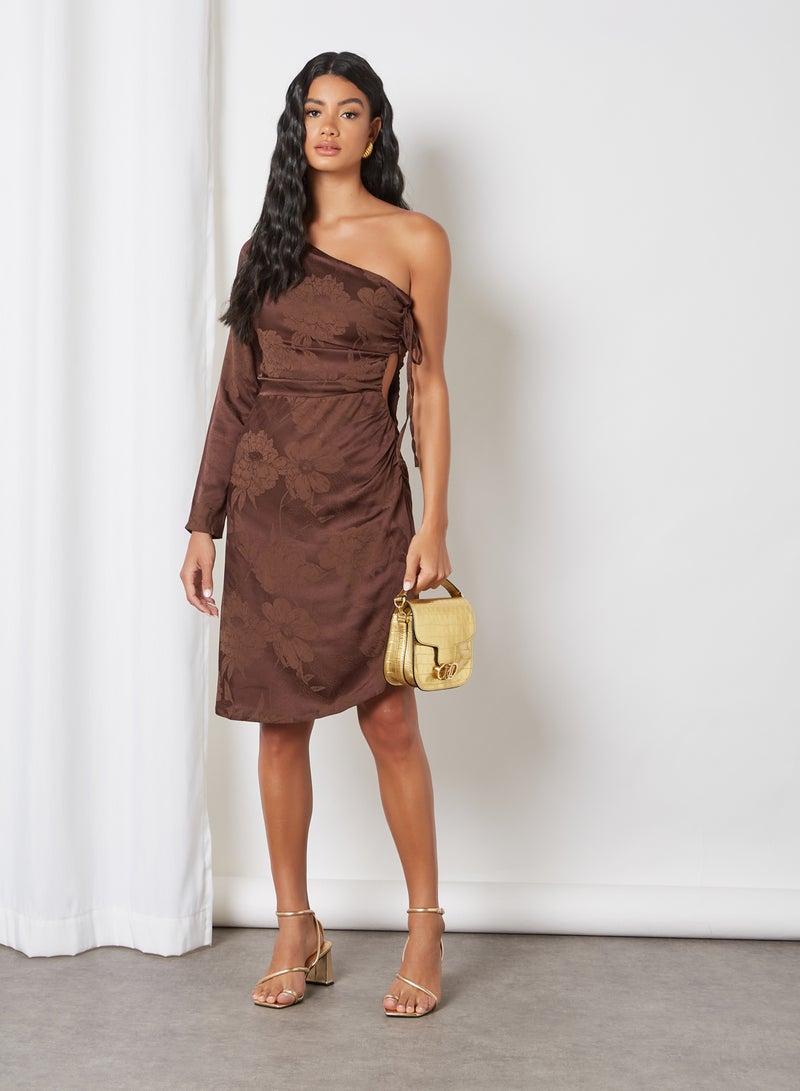 trendyol - Floral Jacquard One Sleeve Dress Brown - Image 1