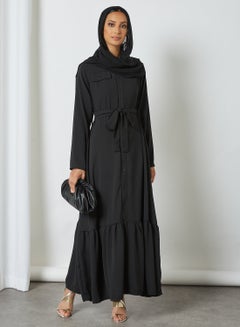 Plain/Basic Long Sleeves Collared Neck Modest Dress Black