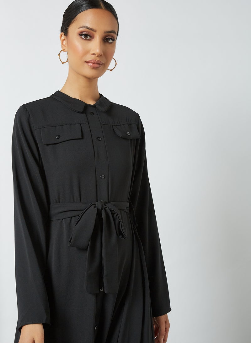 Hayat - Plain/Basic Long Sleeves Collared Neck Modest Dress Black - Image 1