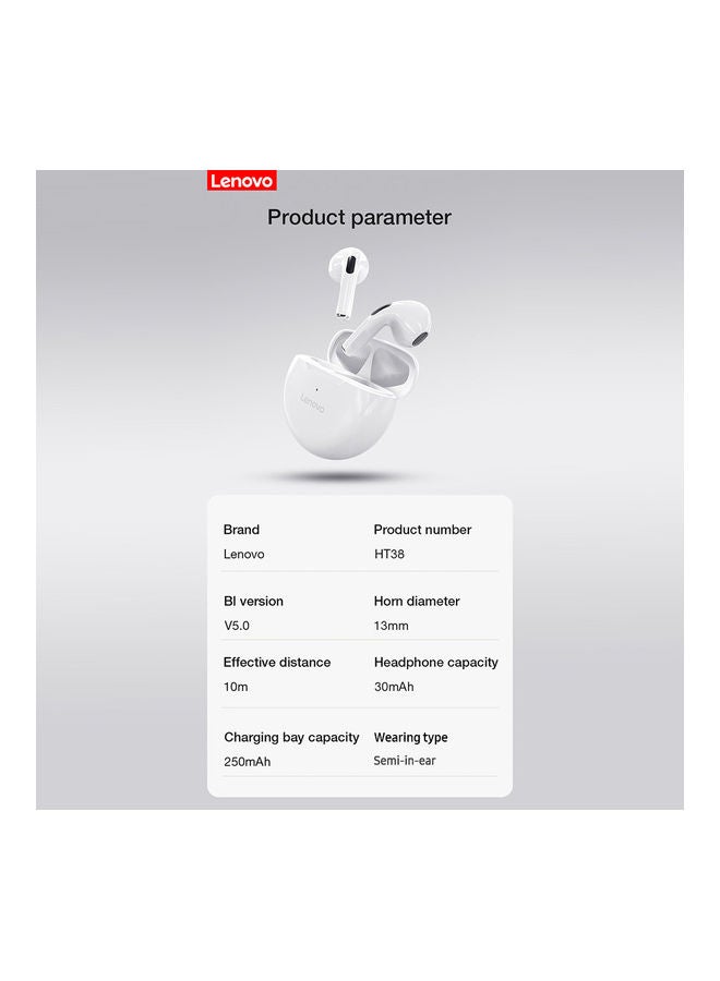 لينوفو Lenovo HT38 TWS Headphone BT5.0 Wireless Headphone Semi-in-ear Sports Earbuds with Smart Touch Control Wide Compatibility White White  - Image 5