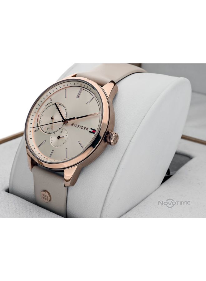 Women's Round Shape Leather Band Analog Wrist Watch 38 mm - Beige - 1782022