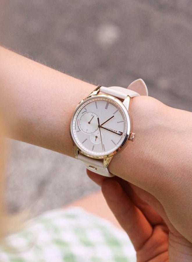 Women's Round Shape Leather Band Analog Wrist Watch 38 mm - Beige - 1782022