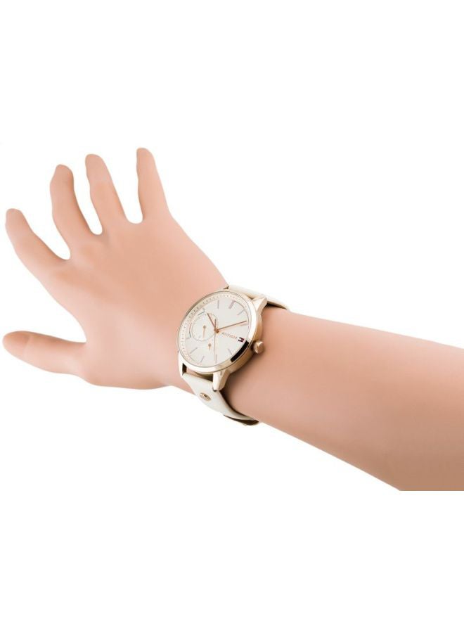 Women's Round Shape Leather Band Analog Wrist Watch 38 mm - Beige - 1782022