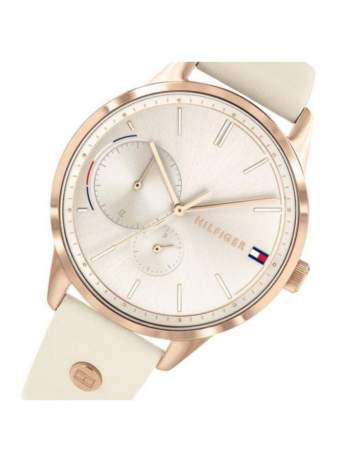 Women's Round Shape Leather Band Analog Wrist Watch 38 mm - Beige - 1782022