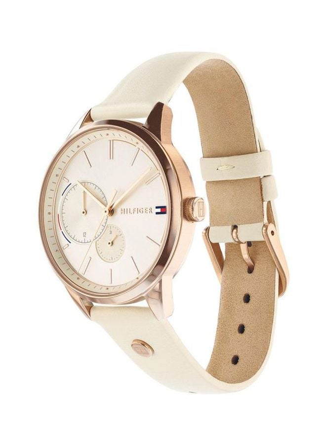 Women's Round Shape Leather Band Analog Wrist Watch 38 mm - Beige - 1782022
