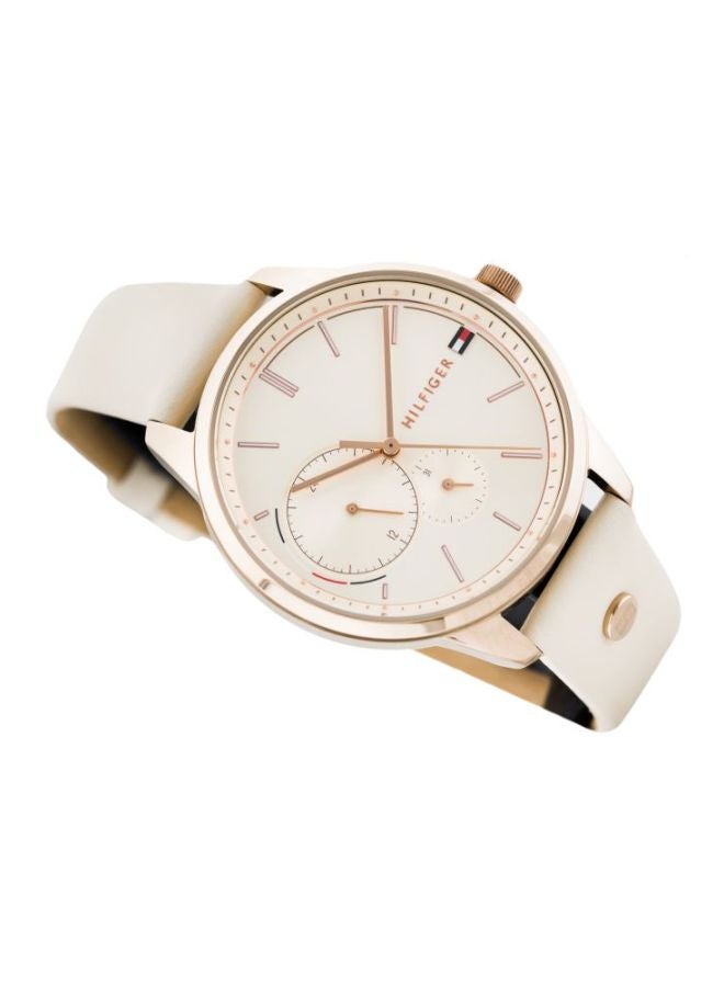 Women's Round Shape Leather Band Analog Wrist Watch 38 mm - Beige - 1782022