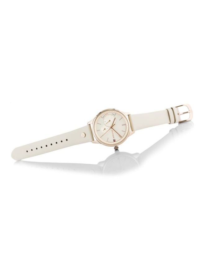 Women's Round Shape Leather Band Analog Wrist Watch 38 mm - Beige - 1782022