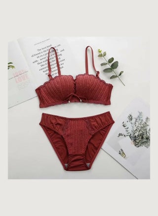 Comfy Solid Colour Lace Thin Bra Panty Set Red - v1619588281/N47012968V_1
