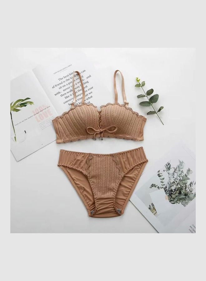 Comfy Solid Colour Lace Thin Bra Panty Set Brown