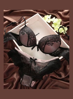 Women's Comfy Solid Colour Lace 3/4 Cup Bra and Panty Set Black
